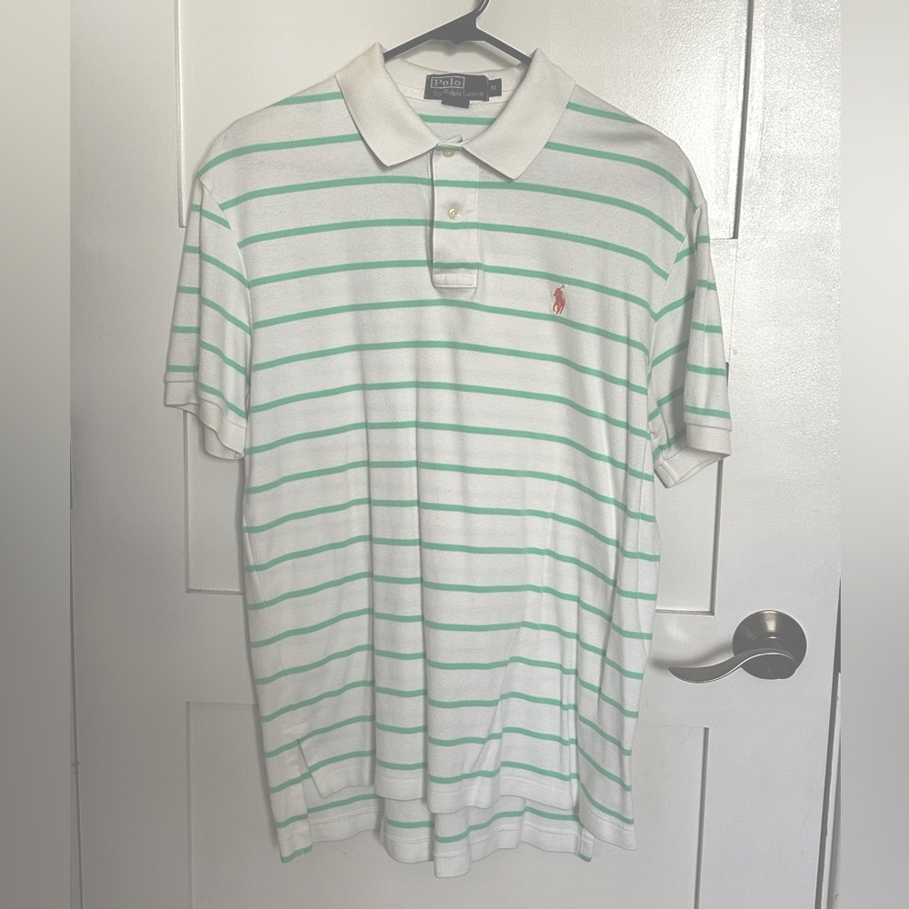 Mens White Striped Ralph Lauren Polo - Medium
